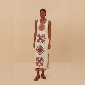 new Farm Rio Off-White Marys Tiles Richelieu Euroflax™ Premium Linen Midi Dress